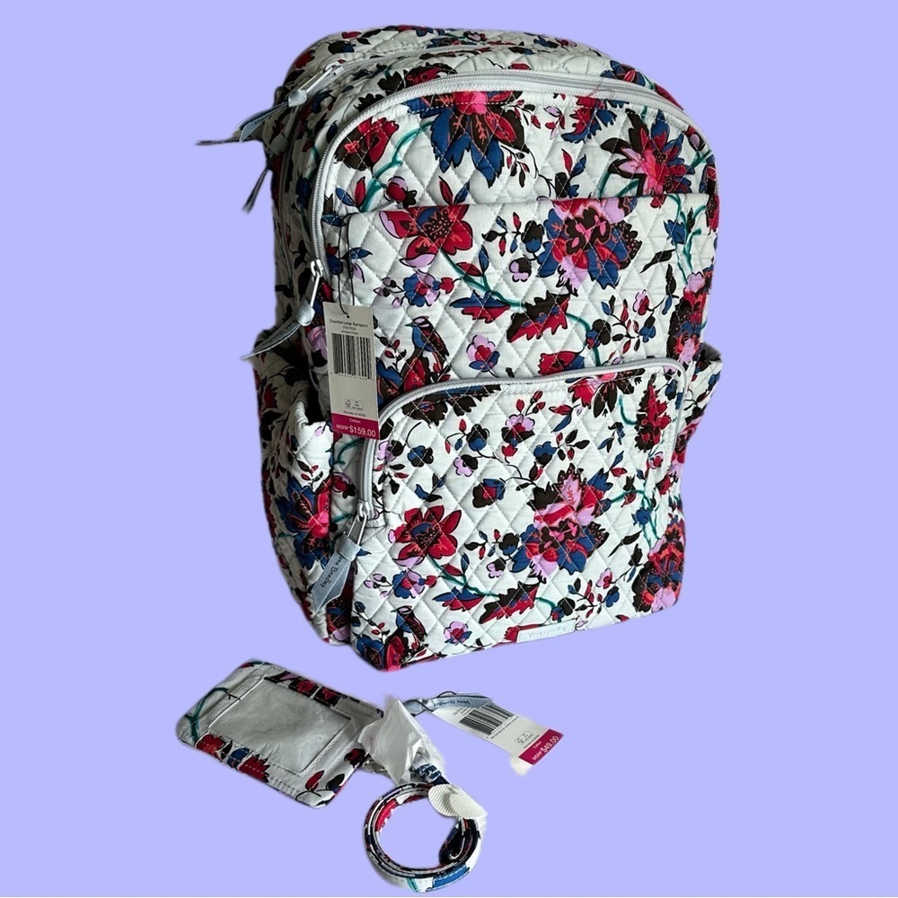 Set Vera Bradley Essential Large Backpack  Vineyard Floral + Zip ID & Lanyard - Picture 2 of 16